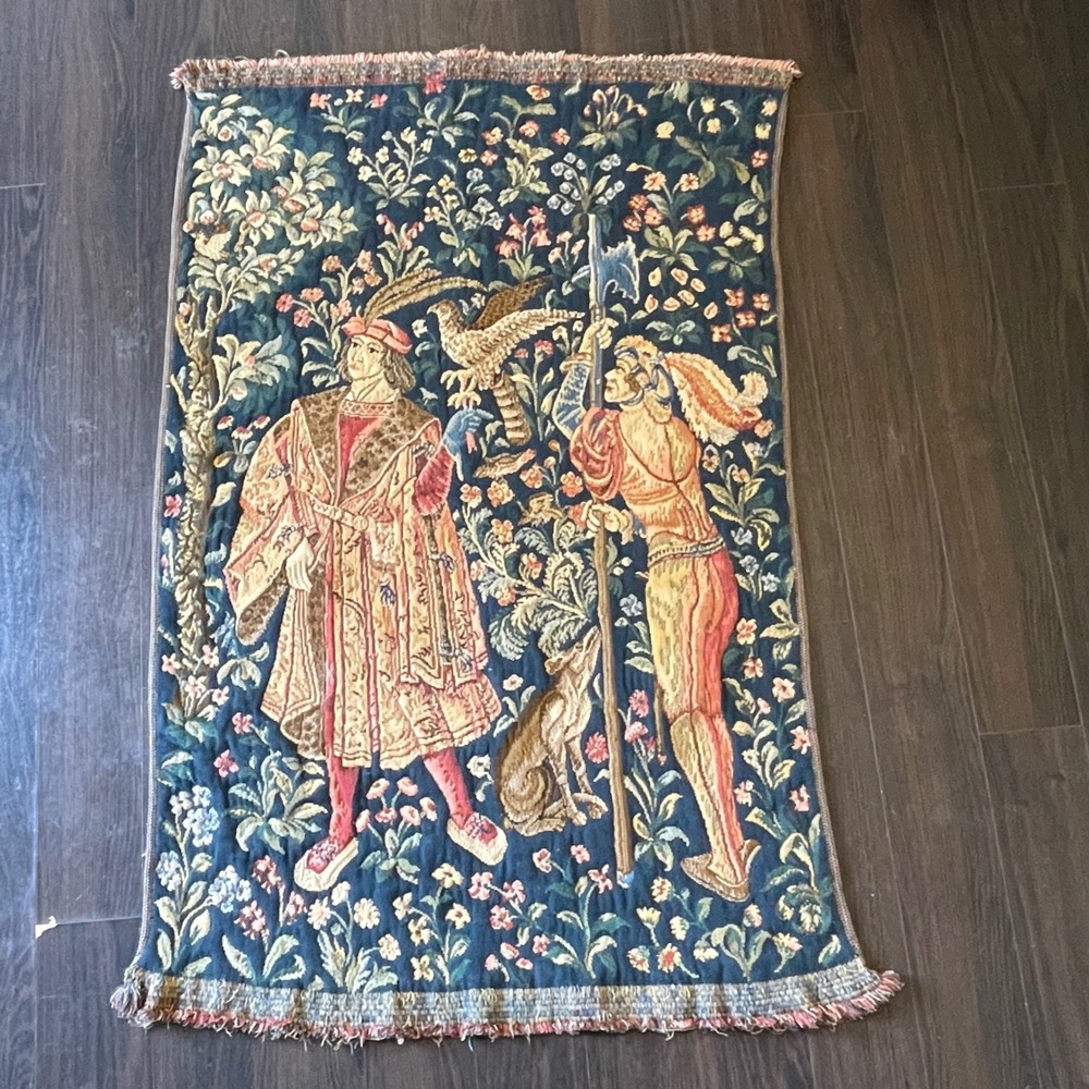 Vintage French Aubusson Medieval Hunting Millefleurs Woven Hanging Tapestry